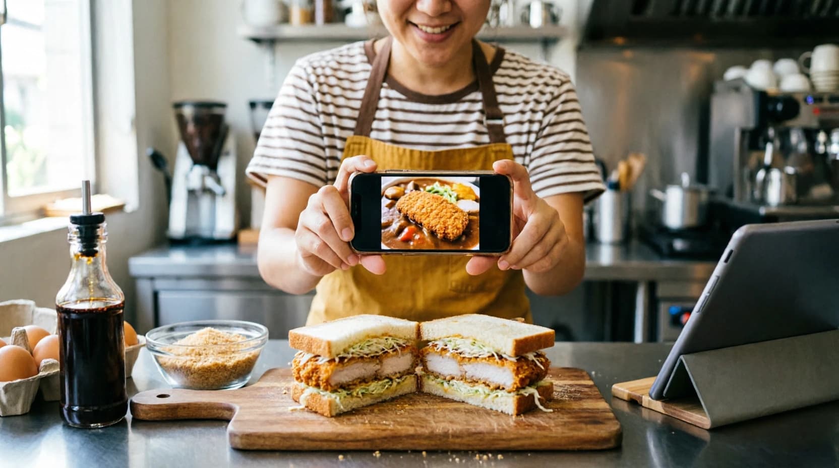 A smiling café owner in a mustard apron and striped t-shirt holds up her phone, showing a photo of a crisp breaded cutlet on a plate of curry, above the chicken katsu sandwich she has made from the idea, cut in half on a wooden board to show the golden cutlet, shredded cabbage and soft white bread. Beside the board sit a bowl of panko, a carton of eggs and a glass bottle of dark sauce, with a tablet on a stand at the edge of the counter and an espresso machine behind her.
