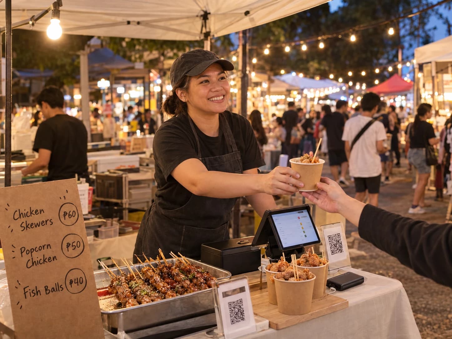 A smiling stall owner in a black cap and apron hands a paper cup of popcorn chicken across her table at a pop-up stall in a busy night market, with a tray of chicken skewers, a handwritten menu board of three items, a tablet till, a cash box, QR code payment signs and a power bank in front of her, and a crowd walking under string lights behind.