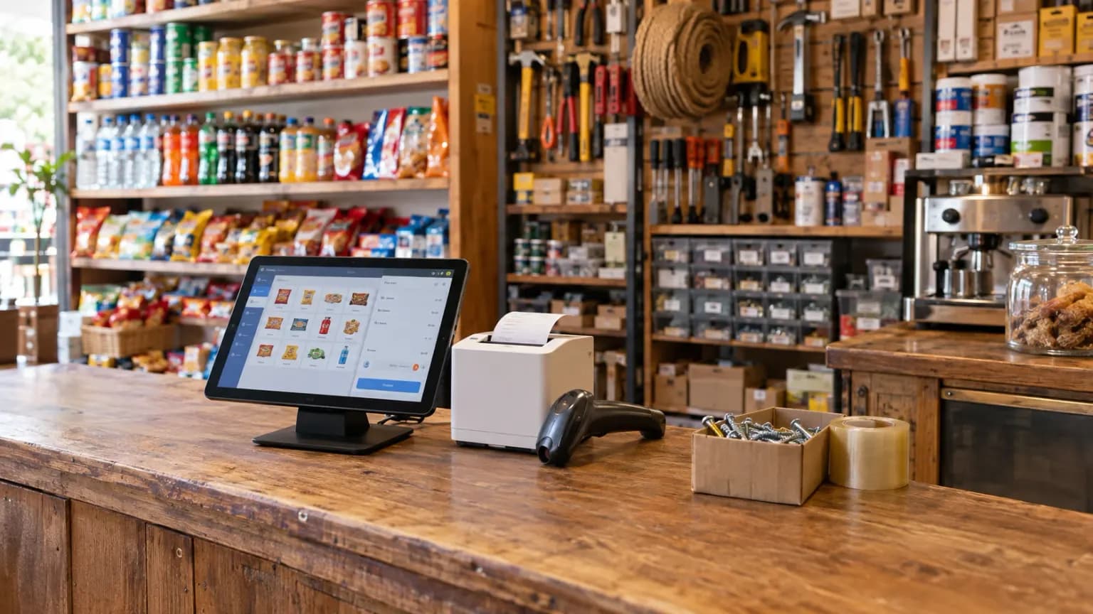 The worn wooden front counter of a small general store, with a tablet on a stand showing a till screen of product tiles, a small white receipt printer with a receipt curling out, a handheld barcode scanner, a cardboard box of screws and a roll of clear tape. Behind it, shelves of tins, bottled drinks and bags of crisps sit beside a hardware wall of hammers, pliers and screwdrivers, a coil of rope, paint tins and drawers of fixings, with an espresso machine and a glass jar of biscuits on a side counter.