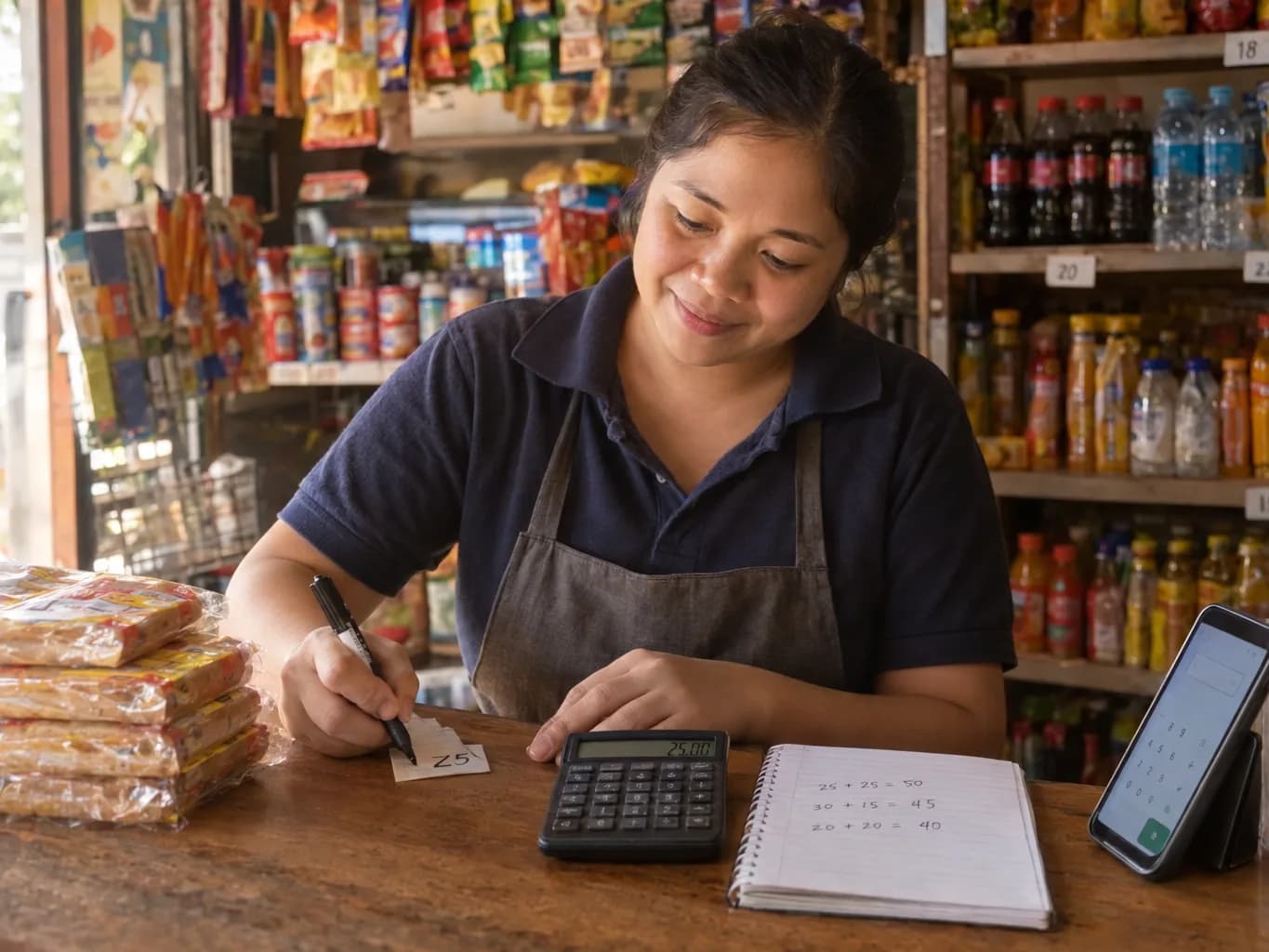 A smiling shop owner in an apron writes a price on a small paper tag at her wooden counter, with a stack of packaged snacks to her left, a calculator, a notebook of handwritten sums and a phone on a stand to her right, and shelves of drinks and snacks behind her.