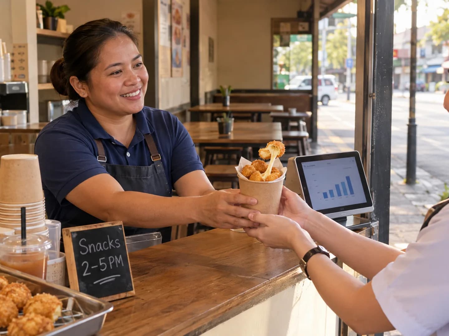 A Filipino snack-stall owner in a navy polo and apron hands a paper cup of chicken cheese pops to a customer across the counter in the quiet mid-afternoon, with a tablet POS showing a bar chart, a chalkboard sign reading Snacks 2-5PM and a tray of fresh fried pops beside them.