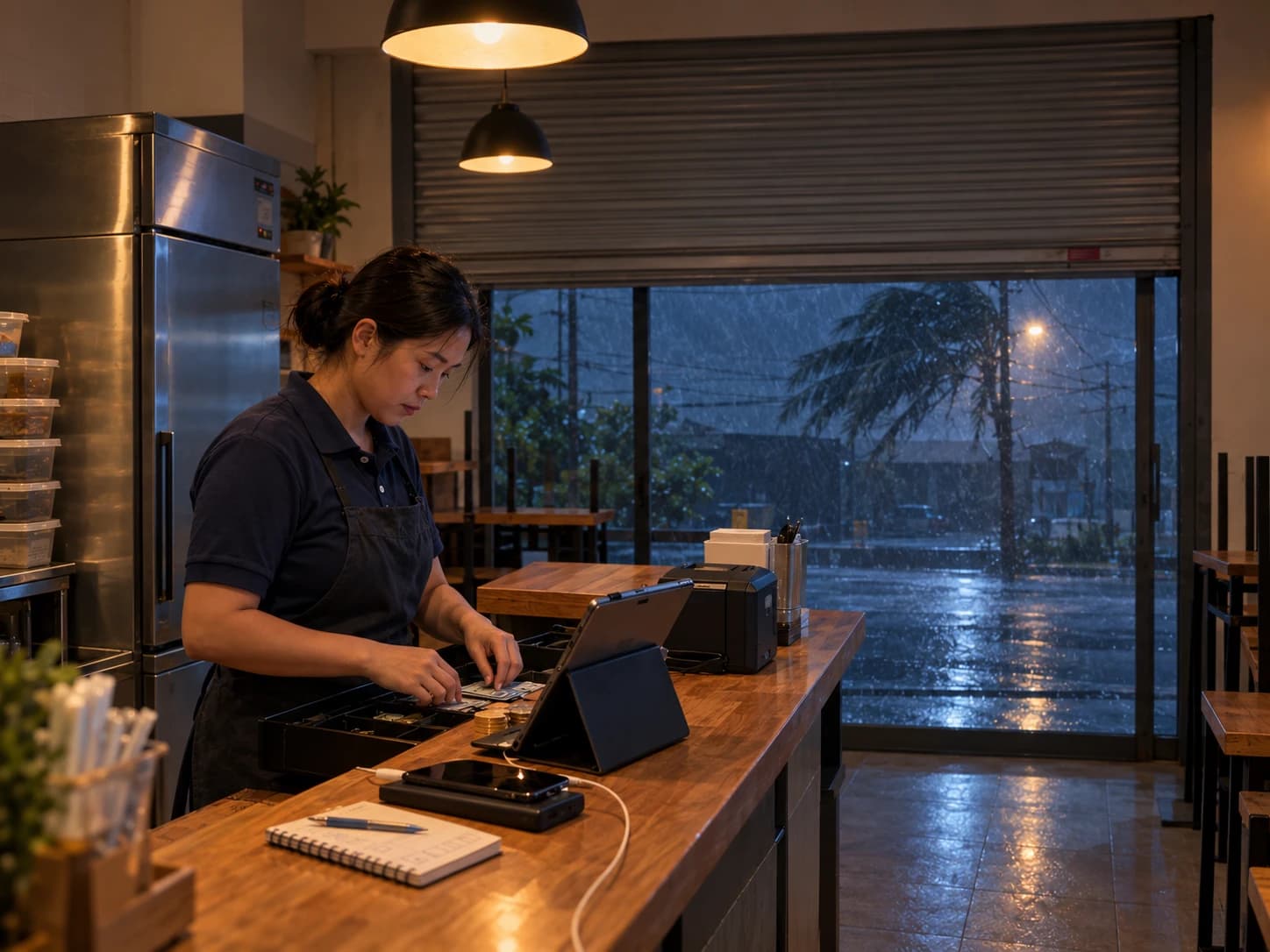 A shop owner in a navy polo and apron sorts banknotes and stacks of coins into the cash drawer at the wooden counter of a small eatery at night, a tablet POS and receipt printer beside her and a phone charging on a power bank next to a notepad. The roller shutter is half down over the glass front, and outside a palm tree bends in wind-driven rain on an empty street.