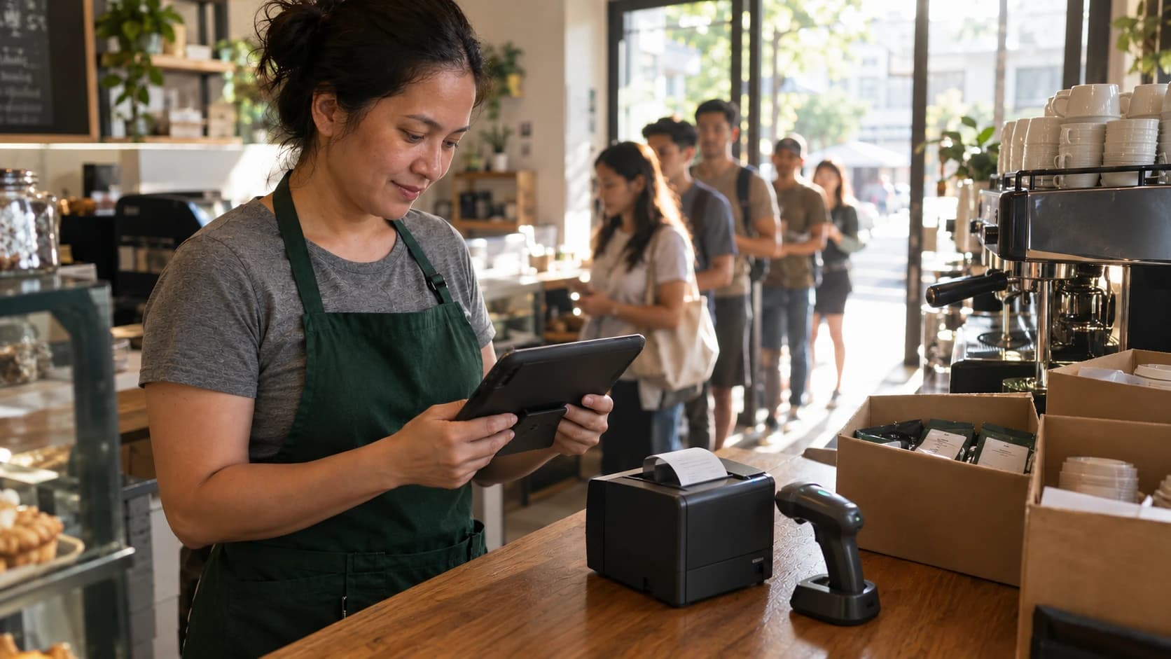 A café owner in a dark green apron over a grey t-shirt stands behind a wooden counter in the morning, looking down with a small focused smile at the tablet POS she holds in both hands. Behind her a queue of five customers waits, backlit by the sunlit street through the open glass doors. On the counter sit a receipt printer, a barcode scanner in its stand and open cardboard boxes of coffee bags and cups, with a pastry display case to her left and an espresso machine with stacked cups to her right.