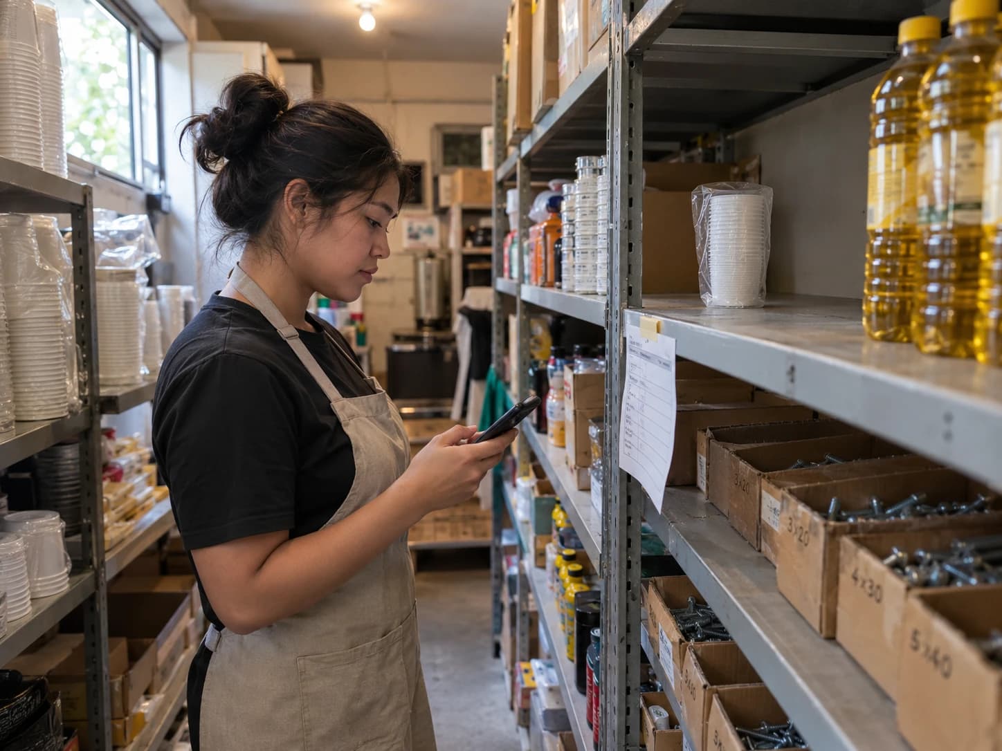 A woman in an apron checks her phone in a small storeroom between metal shelves of stacked takeaway cups, bottles of cooking oil and open boxes of screws marked by size, beside a shelf holding only one wrapped stack of cups and a delivery list taped to its edge.