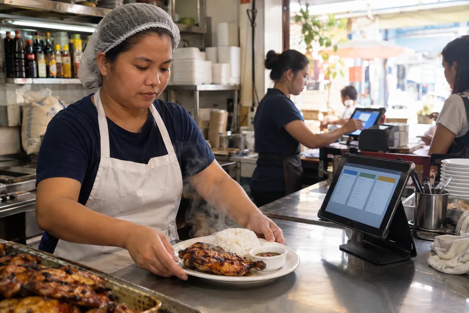 A cook in a hairnet and white apron sets a steaming plate of grilled chicken, rice and a dish of dipping sauce on the stainless steel pass of a small eatery, beside a tray of grilled chicken and a tablet on a stand showing three columns of kitchen order tickets. Behind her, a cashier taps an order into a second tablet at the front counter next to a receipt printer, with shelves of sauces, a rice sack and stacked takeout containers along the wall.