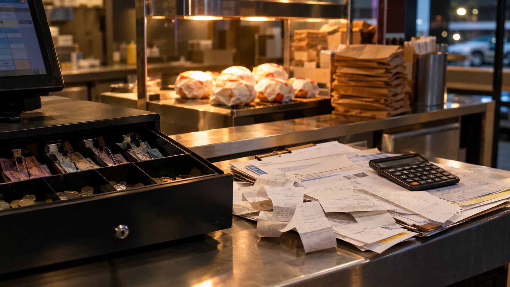 A burger shop's stainless steel counter at closing time, with an open cash drawer of banknotes and coins beside a pile of invoices, bills and curling receipts with a calculator on top, and wrapped burgers under a heat lamp next to a stack of paper delivery bags behind.