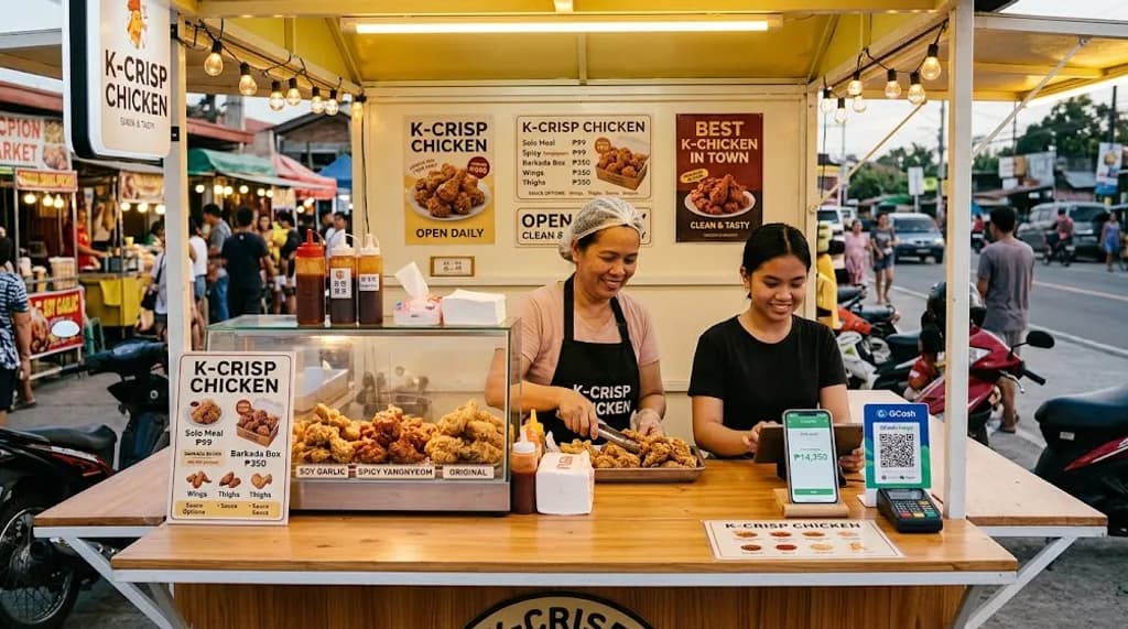 Two women in aprons behind the counter of a Korean crispy chicken street stall at dusk, one taking an order on a tablet beside a card terminal and a phone showing the day's total, trays of fried chicken and printed menu boards in front of them.