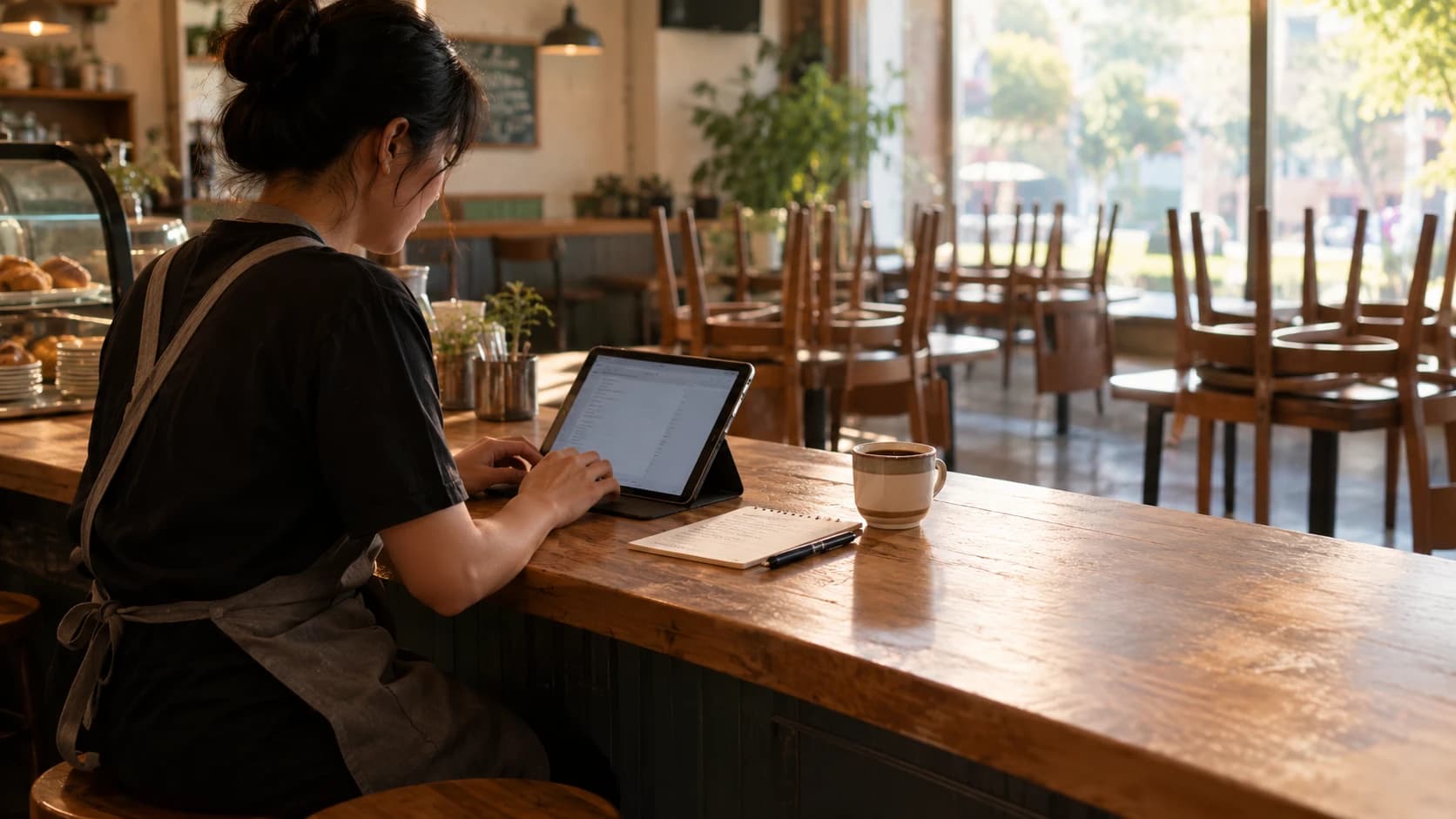 A café owner in an apron types on a tablet at the counter before opening, with a notebook, a pen and a cup of coffee beside it and the chairs still upturned on the tables.