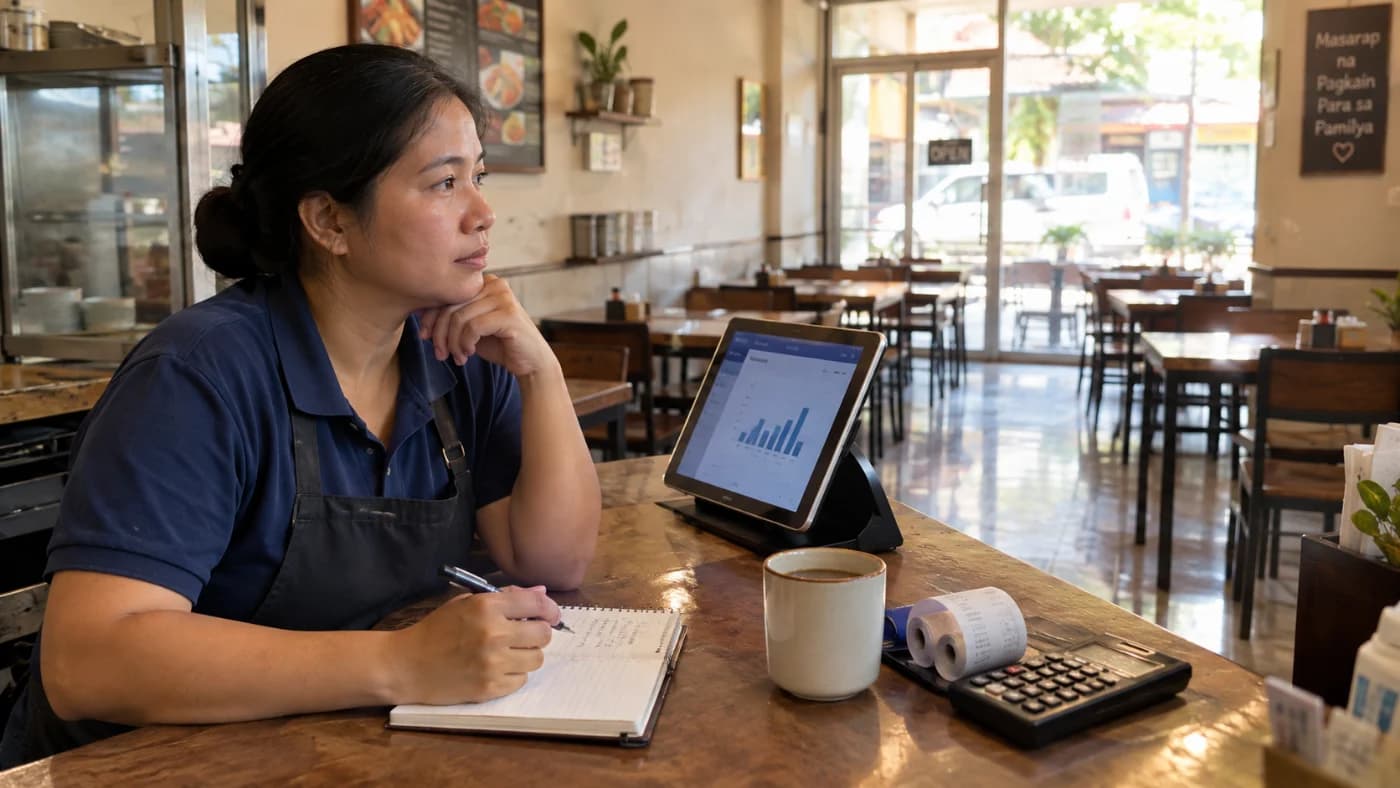 A Filipino eatery owner in a navy polo and apron sits at the end of her counter in the quiet afternoon, chin resting on one hand and a pen in the other over an open notebook, looking out at her empty dining room. A tablet POS on a stand beside her shows a bar chart, with a mug of coffee, a receipt roll and a calculator on the counter, and a sign on the wall reading "Masarap na Pagkain Para sa Pamilya".