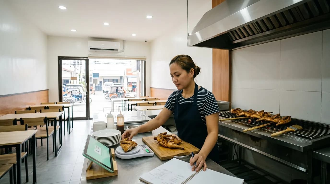 The owner of a small grilled chicken eatery weighs one portion of chicken on a kitchen scale, a whole grilled bird cut into quarters on the board beside her and an open notebook under her pen, with chickens cooking on the grill behind.