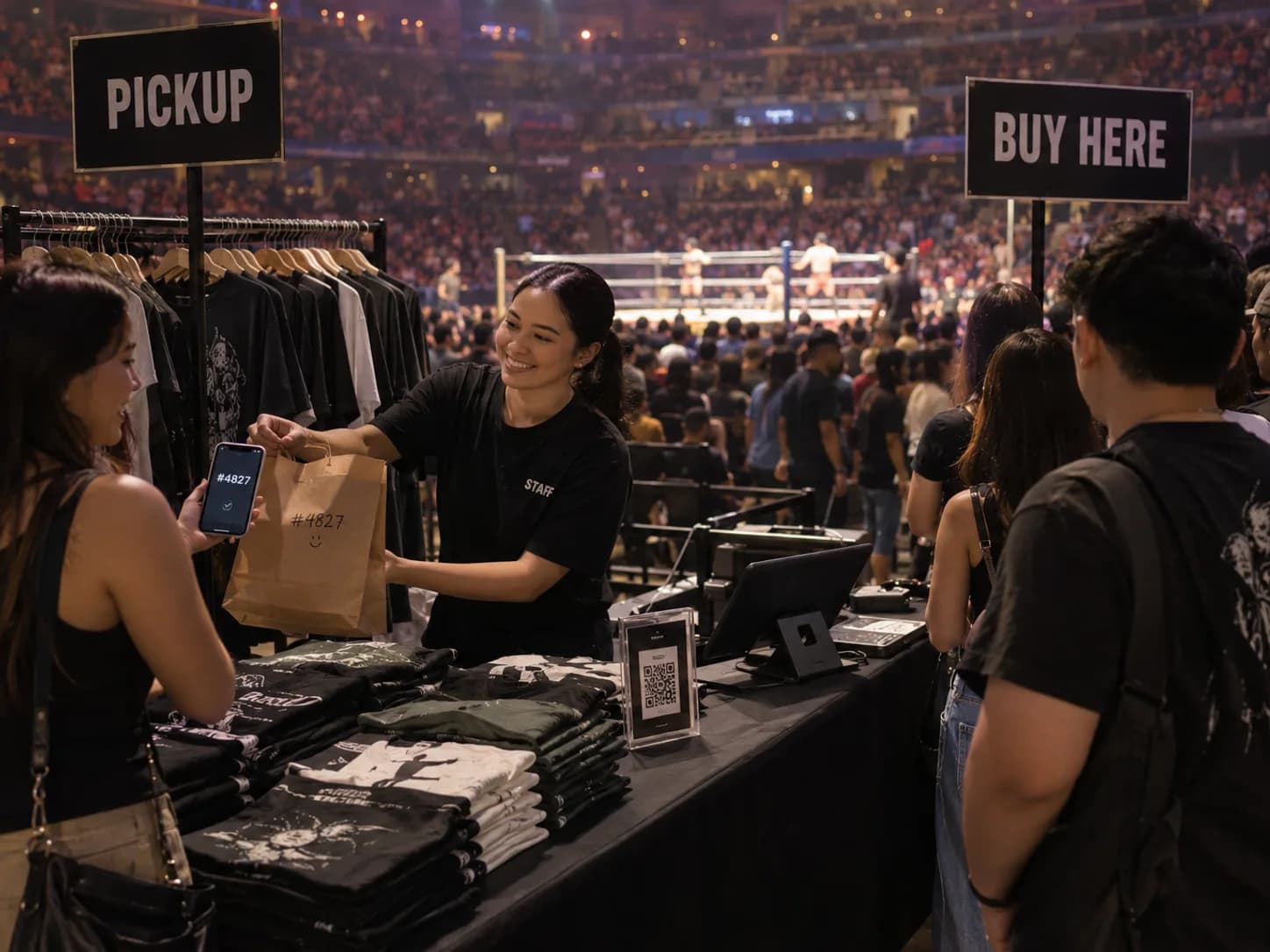 At a merch table in a packed wrestling arena, a smiling seller in a black staff t-shirt hands a paper bag marked with an order code to a fan holding up the same code on her phone under a PICKUP sign, while fans queue under a BUY HERE sign beside a tablet till and a QR code stand, with stacked t-shirts and a clothes rack in front of a lit ring.