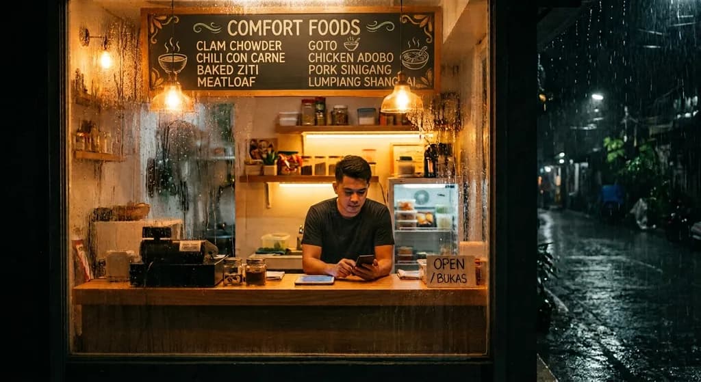 A man stands alone behind the counter of a small brightly lit eatery at night, checking his phone beside a tablet POS. Rain streaks the glass and the dark street outside is wet and empty. A chalkboard above him lists comfort foods — goto, chicken adobo, pork sinigang, lumpiang shanghai.