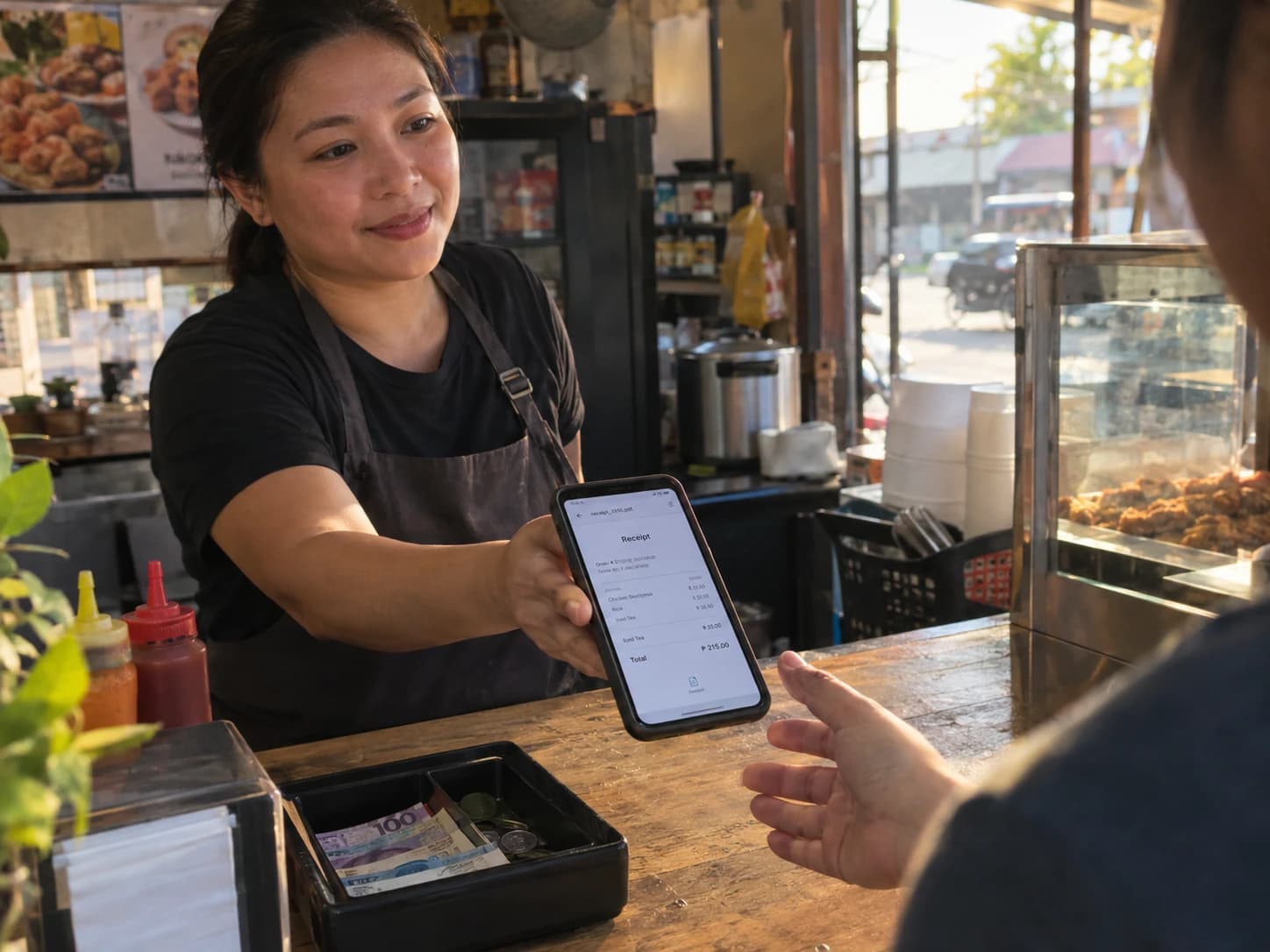 A food stall owner hands a phone showing a PDF receipt to a customer across the counter, no printer or receipt roll in sight.