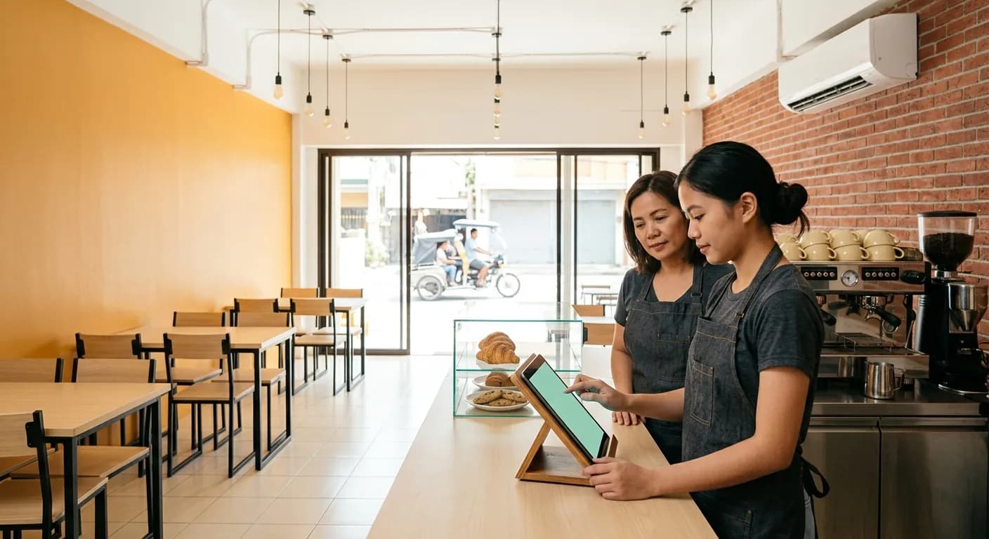 Two women in denim aprons stand behind the counter of a bright, empty coffee shop in the afternoon. One taps an order into a tablet POS while the other watches over her shoulder; the tables behind them are all unoccupied.