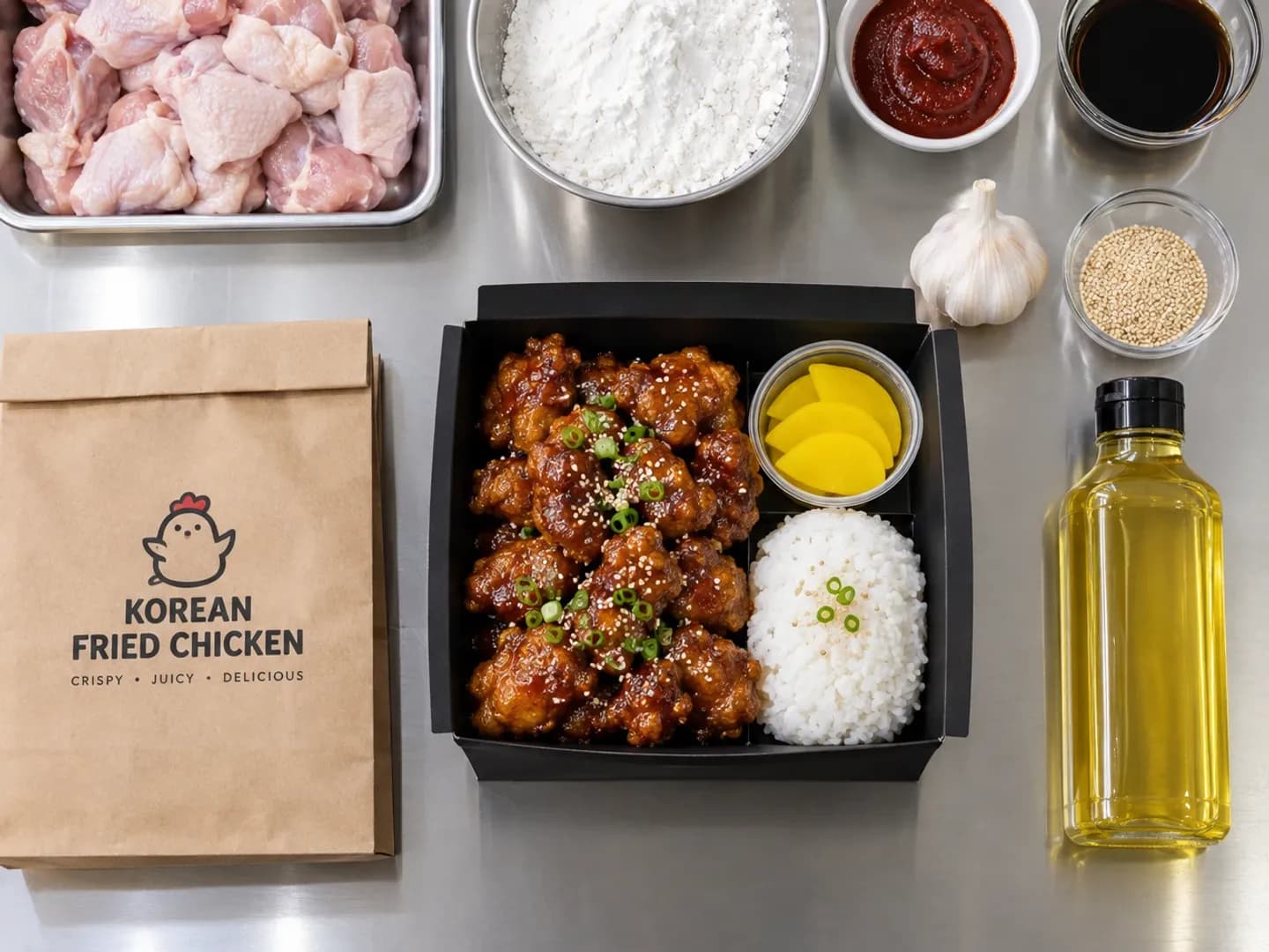 A stainless steel prep counter seen from above, with a takeaway box of Korean fried chicken, rice and pickled radish in the middle, a branded paper bag on the left, and a bottle of cooking oil, a bulb of garlic and a bowl of sesame seeds on the right.