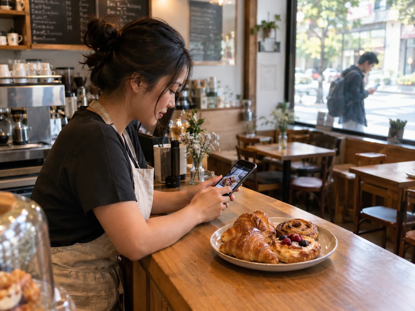 A café owner in an apron leans on the wooden counter of a quiet café, her phone showing a photo of the plate of croissants and berry pastries in front of her, while a man with a backpack walks past the front window looking at his own phone.