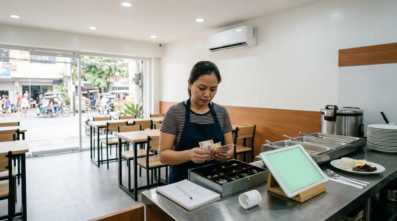 A woman in an apron counts banknotes at the stainless steel counter of a small eatery at the end of the breakfast shift, an open cash drawer of sorted coins, a notebook and a receipt roll beside her.