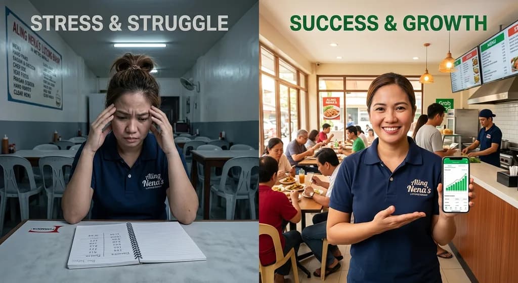 A split image of the same small-eatery owner in a navy polo — on the left, alone in an empty dining room with her head in her hands over a handwritten sales notebook; on the right, standing in a full shop holding a phone showing a rising sales chart while customers eat behind her.