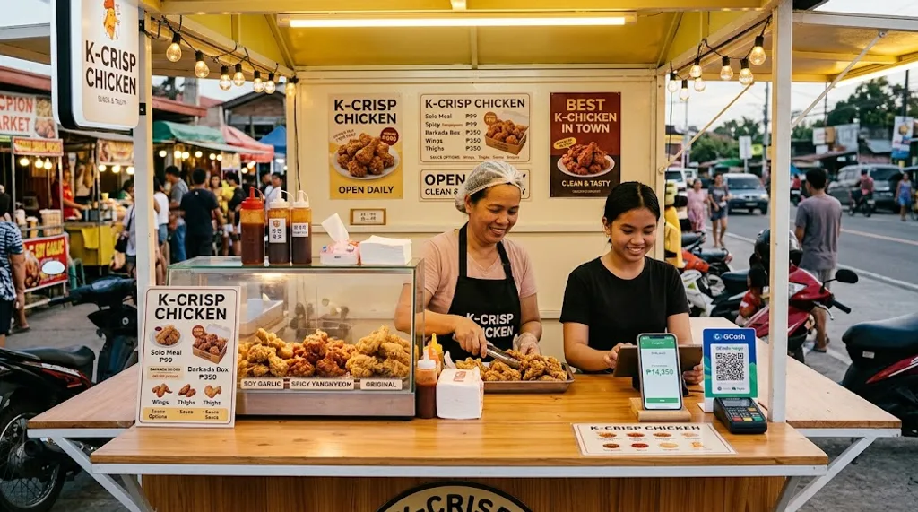 Two women in aprons behind the counter of a Korean crispy chicken street stall at dusk, one taking an order on a tablet beside a card terminal and a phone showing the day's total, trays of fried chicken and printed menu boards in front of them.