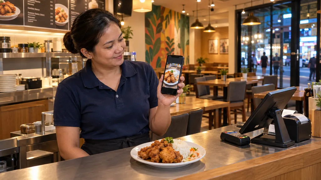 A woman in a navy polo stands behind the counter of a bright, modern restaurant in the evening, holding up her phone which shows a photo of the plate of fried chicken and rice sitting on the counter in front of her. A tablet POS, card terminal and receipt printer are beside her, with tables and a lit street behind.